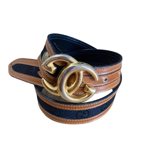 Vintage Gucci Belt GG Gold Buckle Tan Leather Black Canvas 1970s Size 22"-25" - Picture 1 of 8